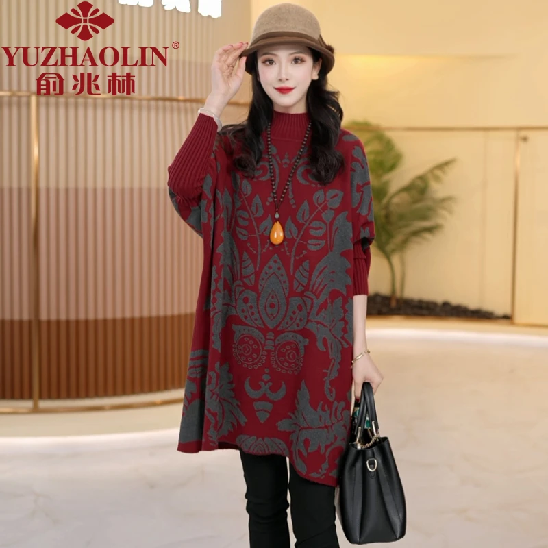 YUZHAOLIN/俞兆林2025大码洋气针织衫中长款宽松圆领秋冬加厚上衣
