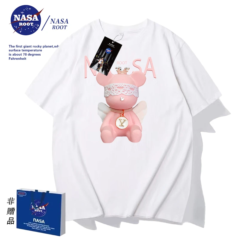 NASA联名款潮牌T恤短袖男女同款 纯棉印花时尚百搭短袖 na天使熊