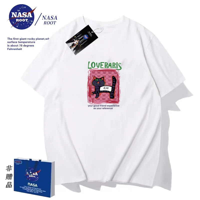 NASA联名款潮牌T恤短袖男女同款圆领印花时尚百搭休闲短袖RAI猫