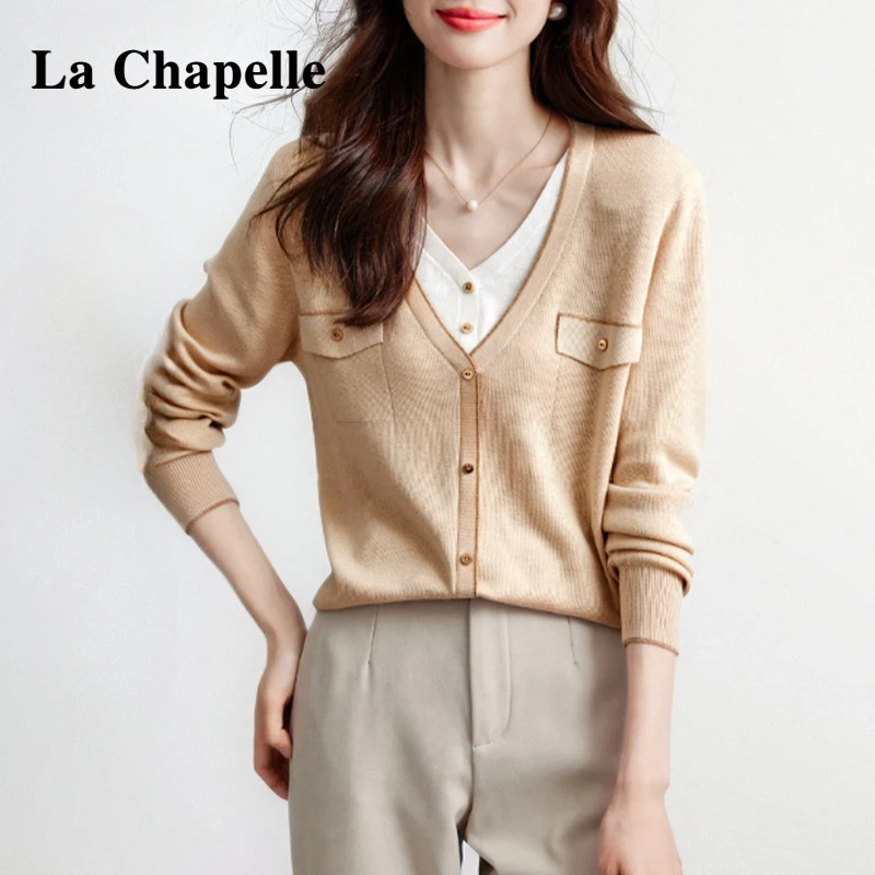 拉夏贝尔2023秋冬新款假两件长袖针织衫女洋气百搭显瘦v领打底上