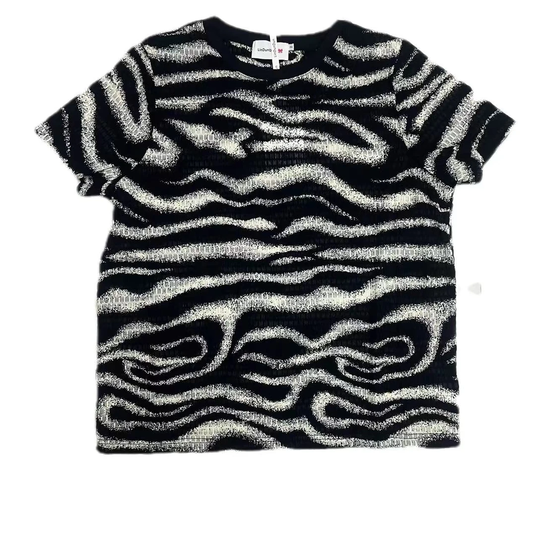 2024夏季新款提花冰丝T恤女款圆领宽松休闲显瘦薄款镂空短袖上衣