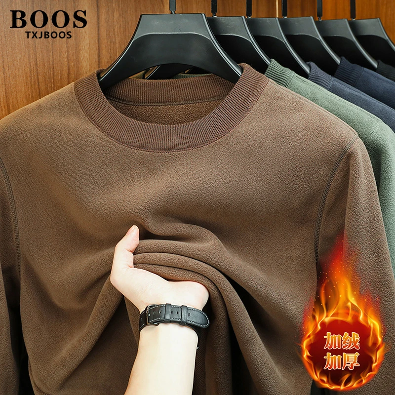 BOOS秋冬季新款奥粒绒长袖卫衣男士时尚休闲圆领加绒加厚保暖上衣
