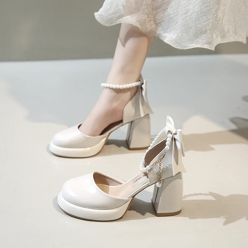 婚纱神器法式优雅公主仙女白色高跟鞋粗跟松糕鞋防水台矮个子婚鞋