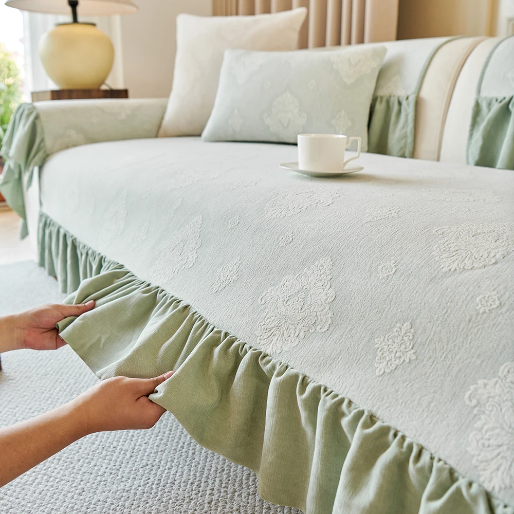 2025新款奶油风四季通用沙发垫雪尼尔提花垂边防滑沙发套罩靠背巾