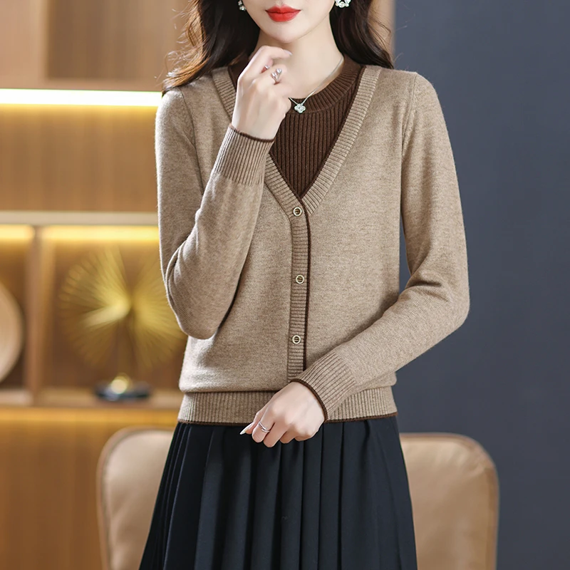 早春新款假两件宽松毛衣女薄款低圆领套头针织衫春秋百搭外穿