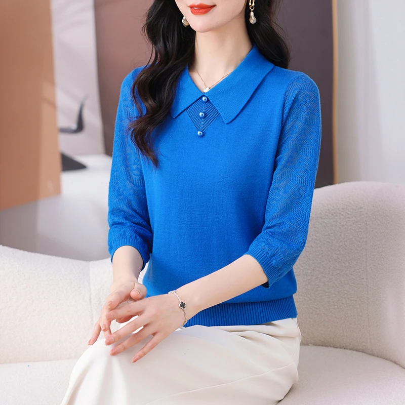 2025春季新款七分袖女士镂空针织衫气质显瘦翻领毛衣时尚洋气百搭
