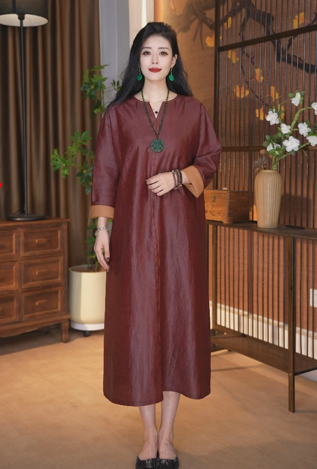 100桑蚕丝女士桑蚕丝红云纱气质日常长袖新中式复古连衣裙911