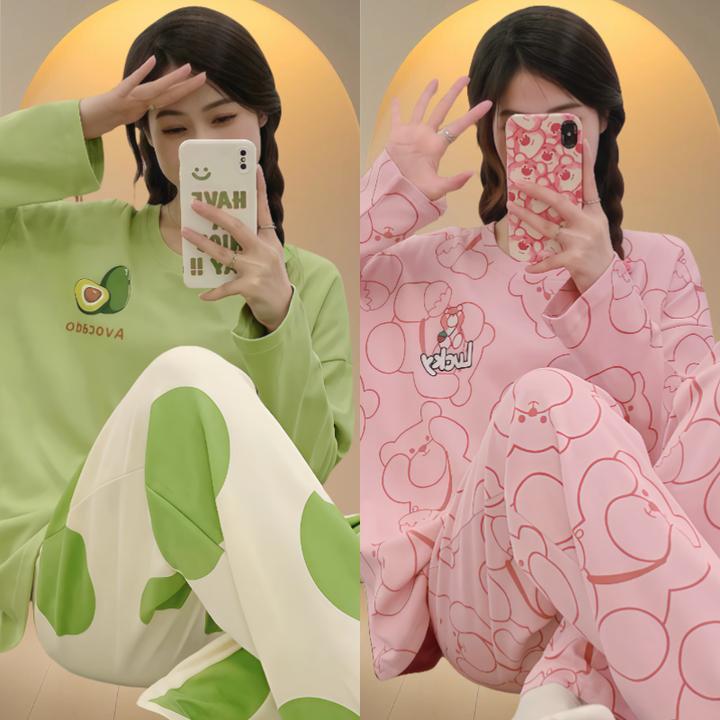 买一送一自带胸垫睡衣女春秋印花网红大码家居服裸感新款薄家居服