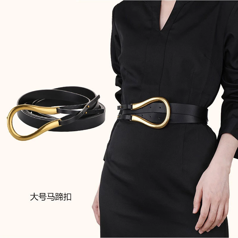 欧美双腰带新款时尚马蹄扣休闲装饰双层金属圆弧扣流须长皮细腰带