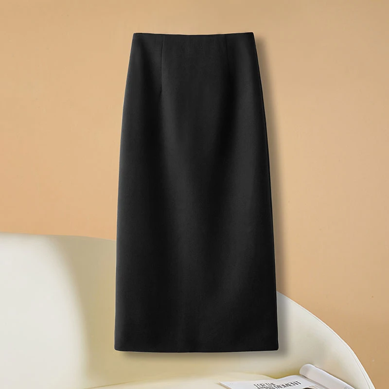 78CM长裙毛呢直筒半身裙高腰显瘦西装女秋冬后开叉包臀长款一步裙