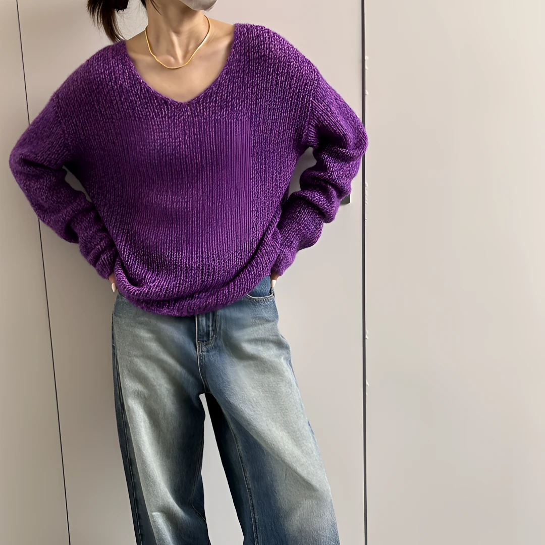 紫色V领镂空套头羊绒衫#小众时尚