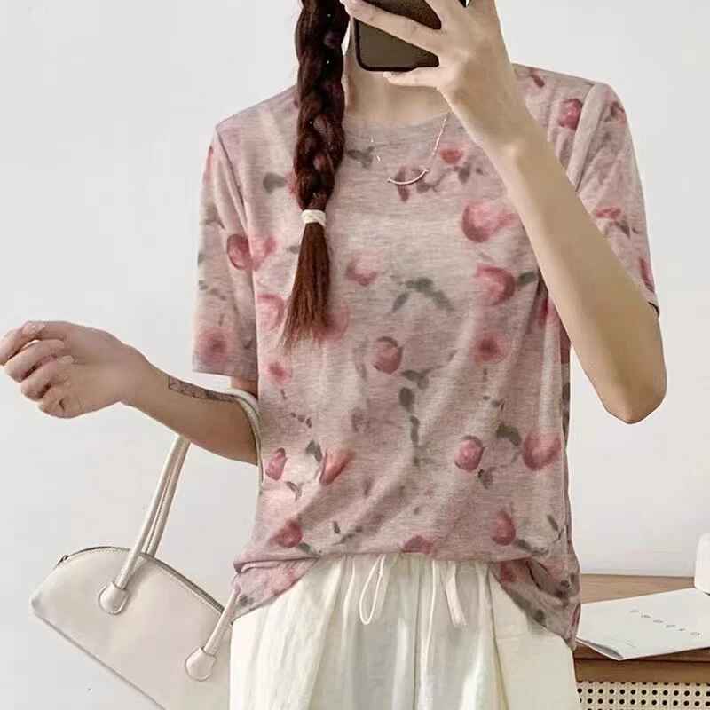 2024年夏季新款碎花短袖T桖女宽松休闲时尚百搭印花复古上衣