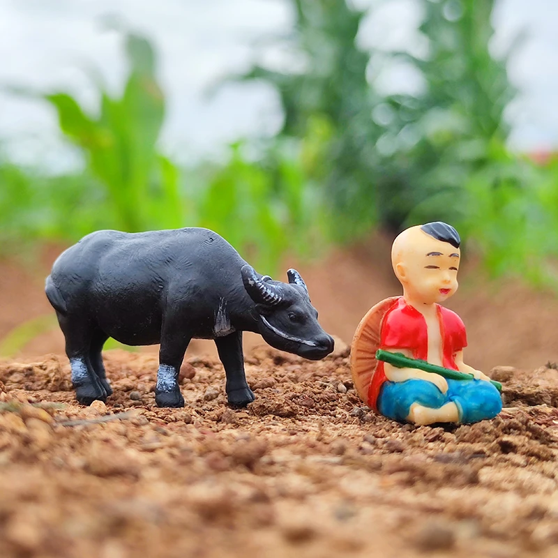 中式牧童水牛动物小摆件微景观桌面盆景假山迷你小牛模型造景装饰