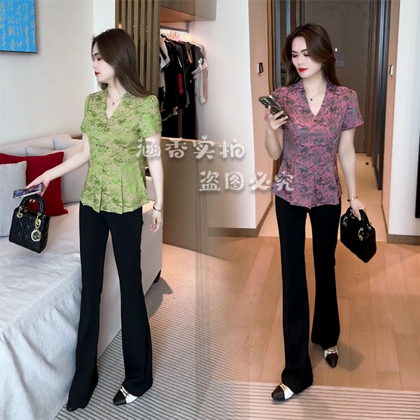 夏季新款丁达尔气质显瘦时尚收腰短袖上衣妈妈装2024宽松衬衫洋气