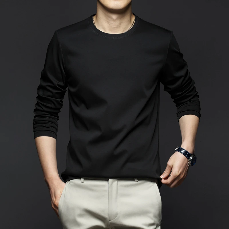 液氨丝光棉圆领长袖t恤男秋冬新款修身纯色打底衫休闲内搭上衣服
