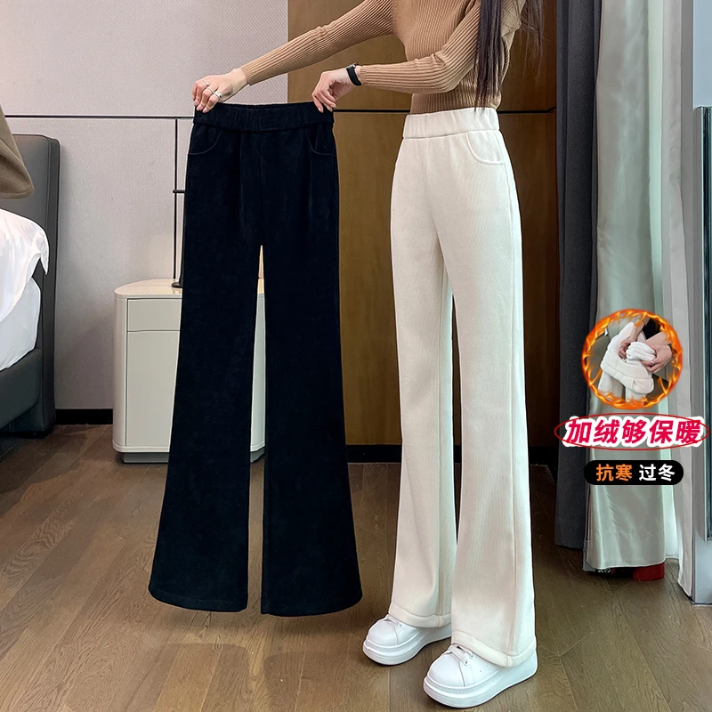 加绒加厚雪尼尔微喇裤子女秋冬季2025新款垂感阔腿裤灯芯绒喇叭裤