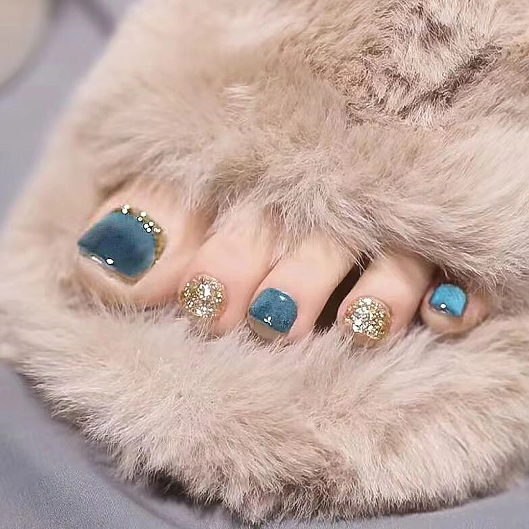 J70-蓝宝晶石猫眼穿戴脚指甲成品香槟闪粉爆闪脚美甲脚假指甲贴片