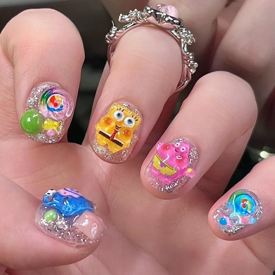 穿戴甲成品.超Q卡通.海绵宝宝派大星可爱爆闪美甲片假指甲贴片