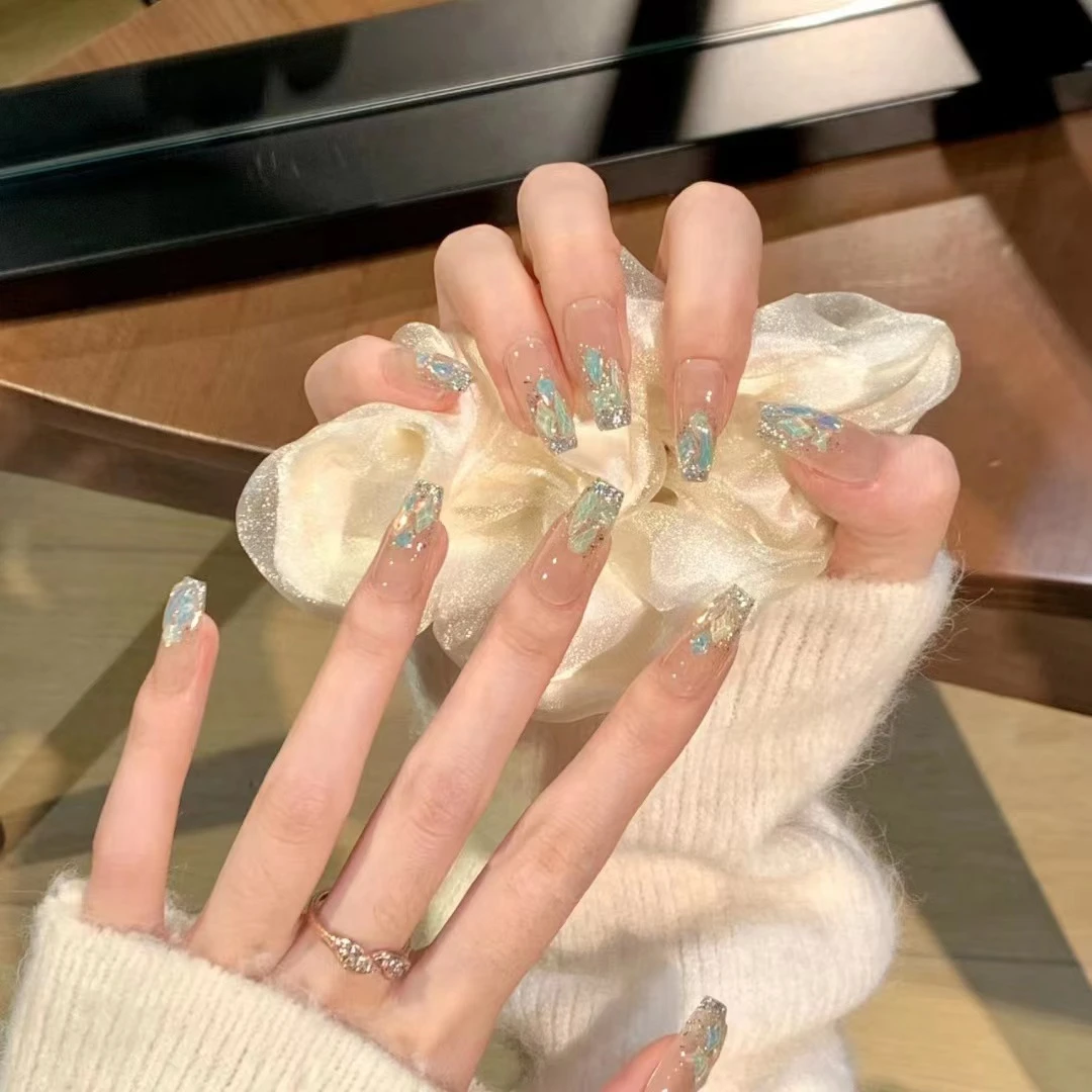 穿戴甲成品长款美甲贴玻璃幻彩爆闪渐变闪粉纯欲假指甲贴片