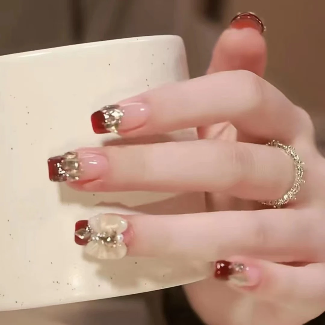 中长款法式穿戴甲大蝴蝶结爆闪钻假指甲贴片