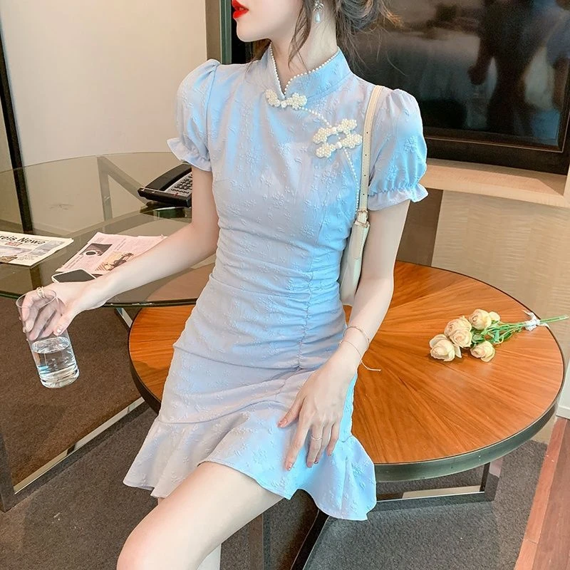 国风复古连衣裙女夏2024新款小个子短款改良新款修身显瘦鱼尾裙子