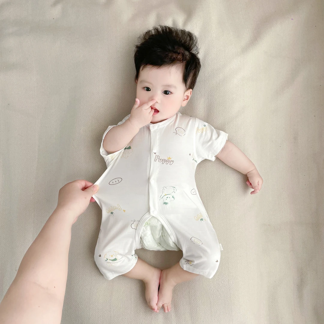婴儿衣服夏季薄款莫代尔无骨短袖男女哈衣宝宝爬服婴幼儿连体衣