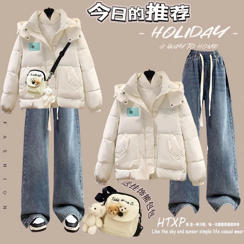 2024冬季套装女学生韩版宽松清新连帽羽绒外套搭配系带牛仔裤送包
