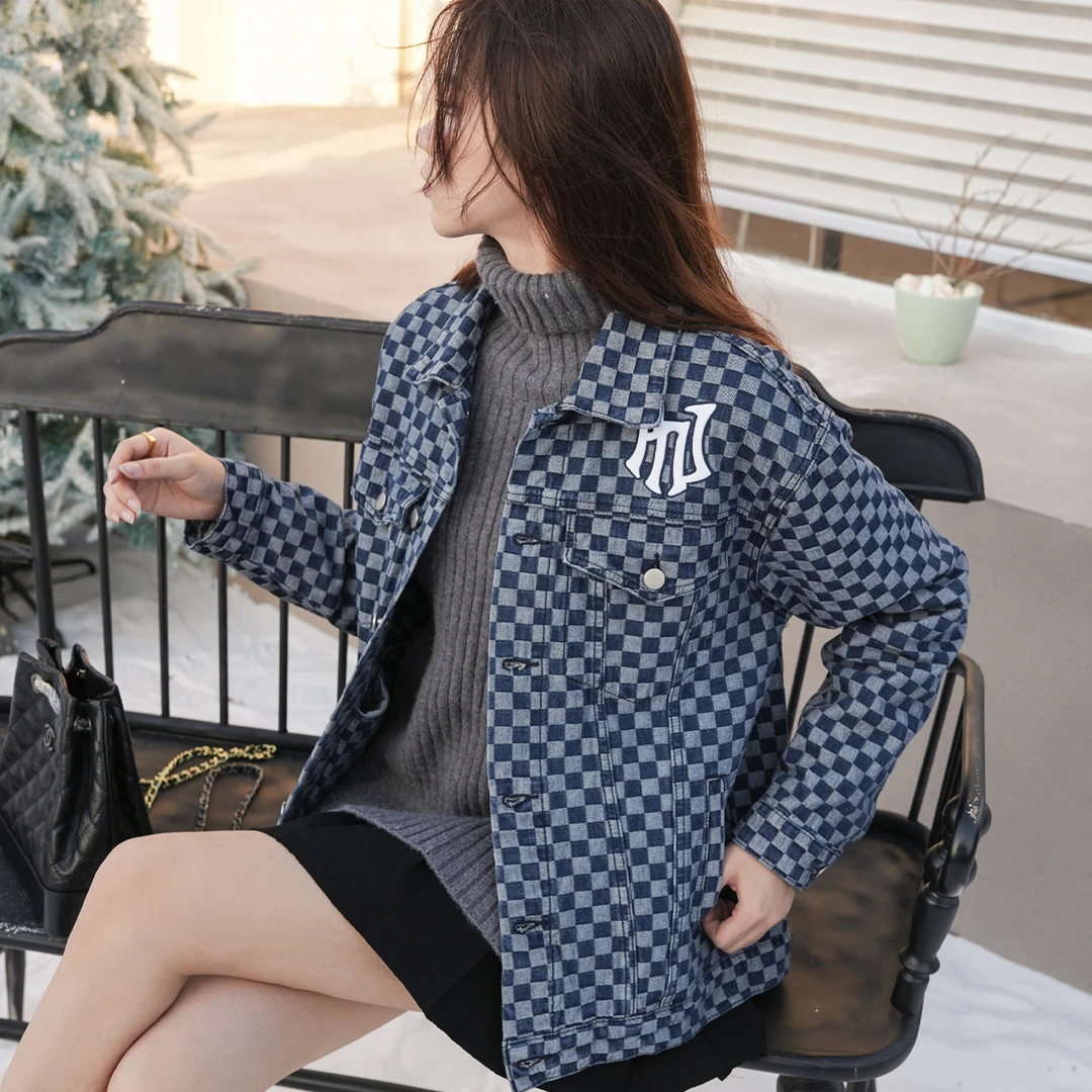 PNJ棋盘格长袖秋季潮牌牛仔夹克复古休闲高街宽松外套上衣ins