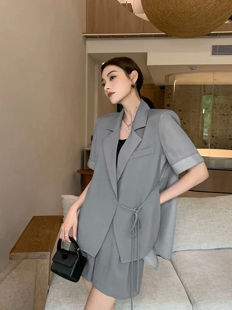 M-拼接假两件西装短裤套装XD08