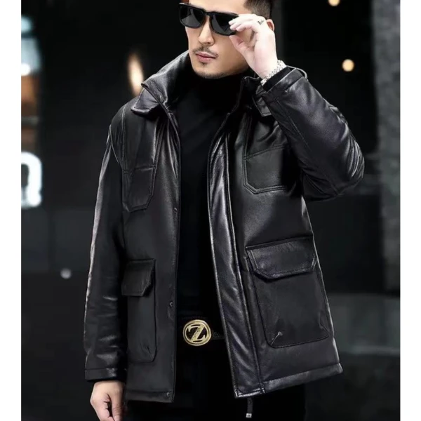 新款真皮皮衣男士连帽羽绒休闲时尚头层小牛皮修身夹克春秋外套