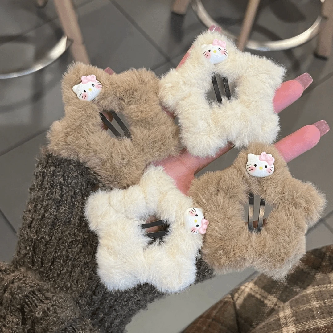 毛茸茸可爱KT猫星星BB夹ins少女秋冬毛绒五角星边夹甜美发饰发卡