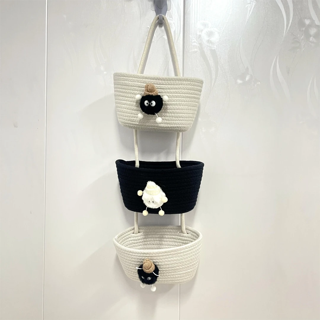 小煤球三层挂篮收纳挂篮创意家用儿童小挂篮棉绳收纳筐墙挂式