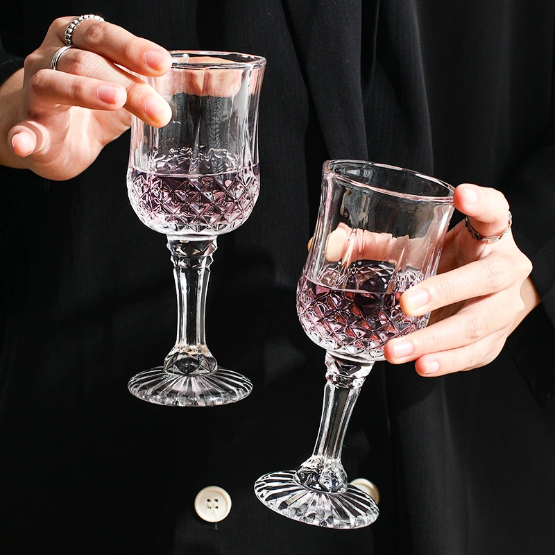 【庄子然】9.9元两只法式透明高脚香槟杯红酒杯欧式浮雕玻璃杯
