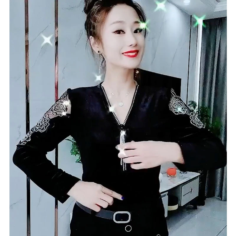 慧依菲秋季新款丝绒上衣女洋气减龄小衫百搭打底衫女长袖T恤女装