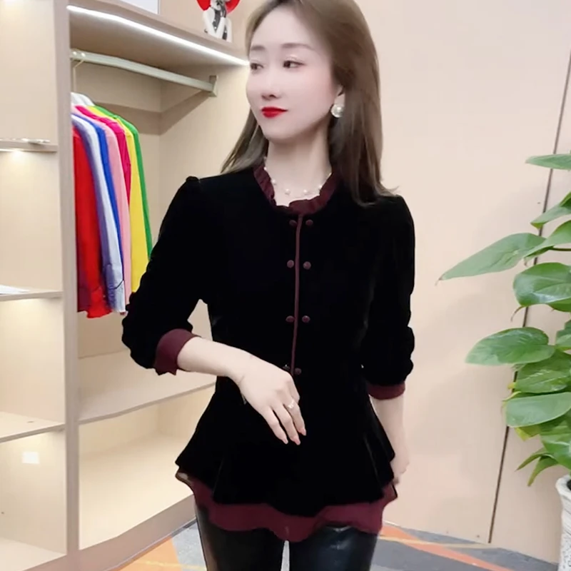 秋冬季新款显瘦气质丝绒拼接上衣洋气减龄遮肉中式时尚修身打底衫