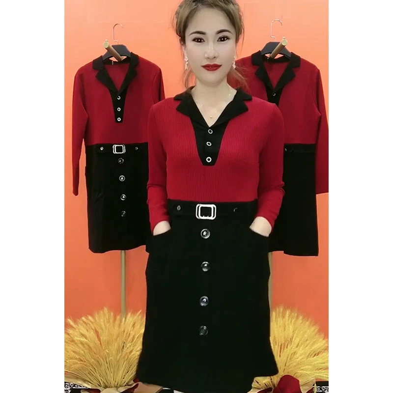 秋冬季新款百搭气质显瘦女士连衣裙修身拼接时尚洋气减龄中长裙子