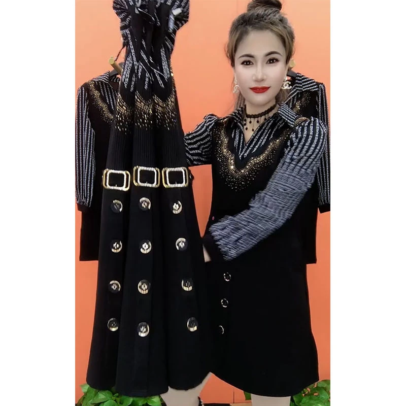 秋冬新款拼接假两件连衣裙长袖重工减龄气质显瘦妈妈装打底裙子女