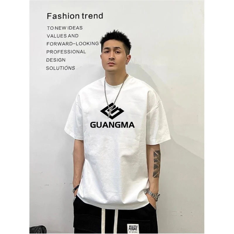 260g重磅短袖t恤男夏季美式高街圆领印花小领口半袖情侣打底衫T恤