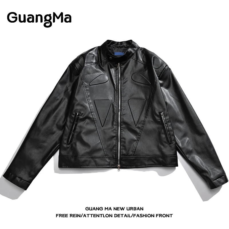 美式潮牌秋冬款高级感PU皮夹克男立领垫肩机车设计感皮衣痞帅外套