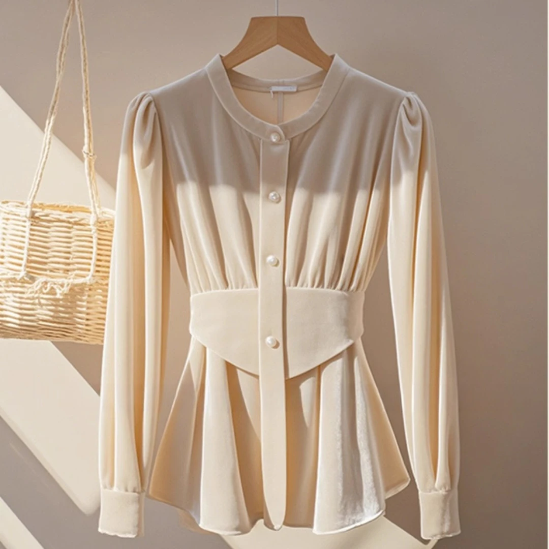 法式甜美风高级感上衣小个子减龄超好看收腰显瘦打底丝绒衬衫女冬