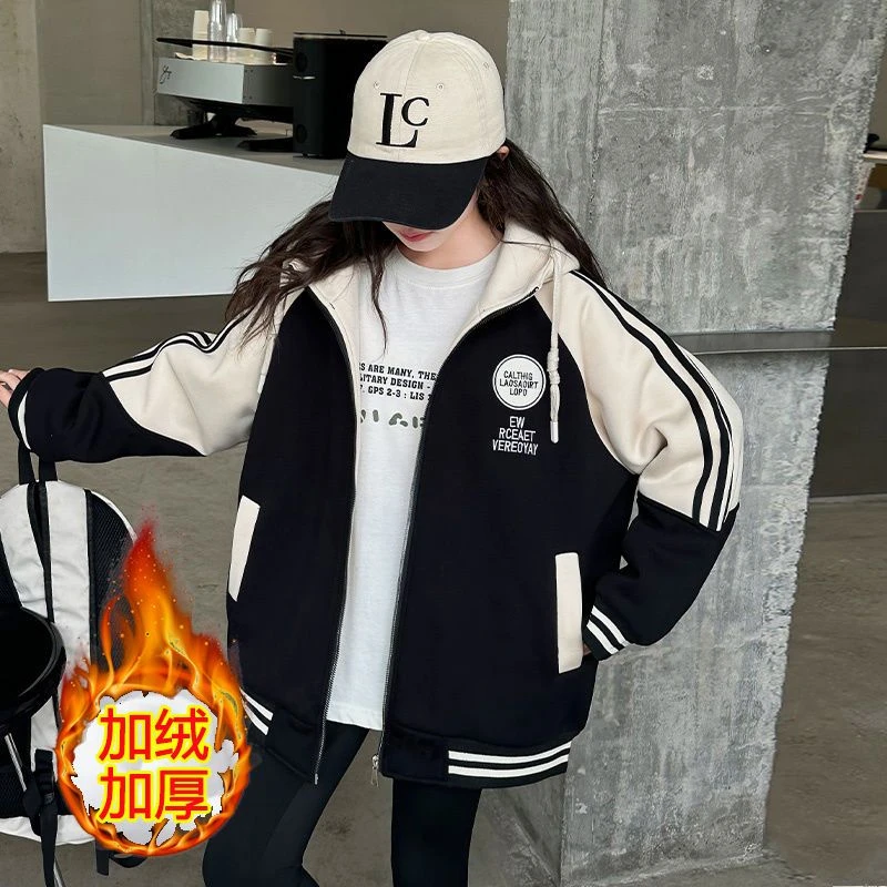 女童羊羔绒外套2024新款童装女大童连帽加绒加厚冬季儿童棒球服潮