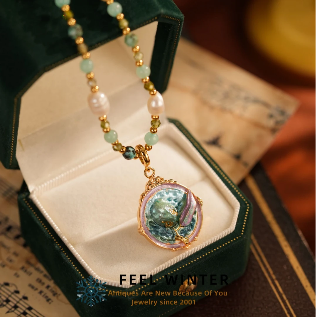 合金琉璃项链 蓝色珠珠手绘珐琅釉菩提果实状项链ZG-0982