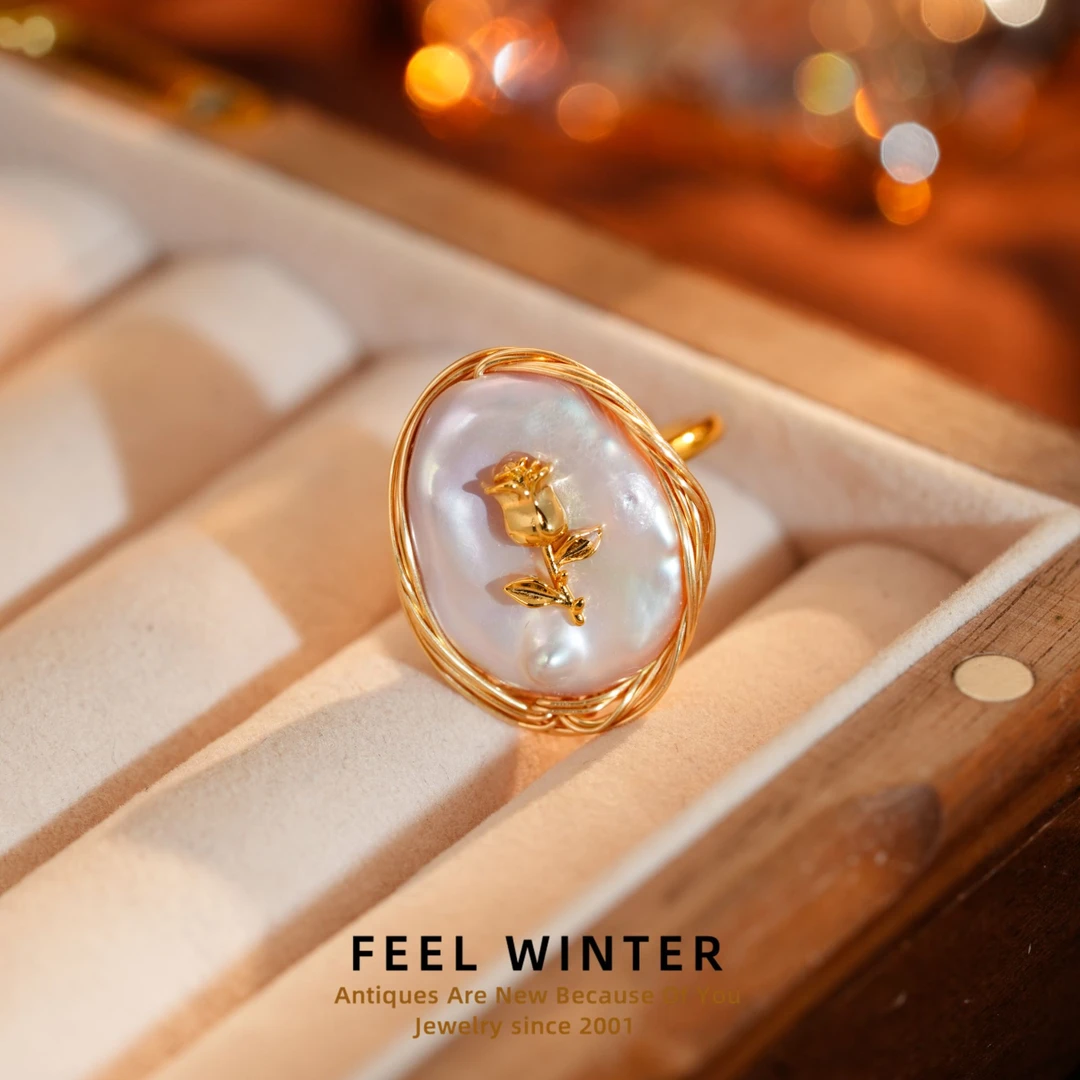 合金仿珍珠戒指 2024秋冬巴洛克风格新品金色玫瑰戒指ZG-0957