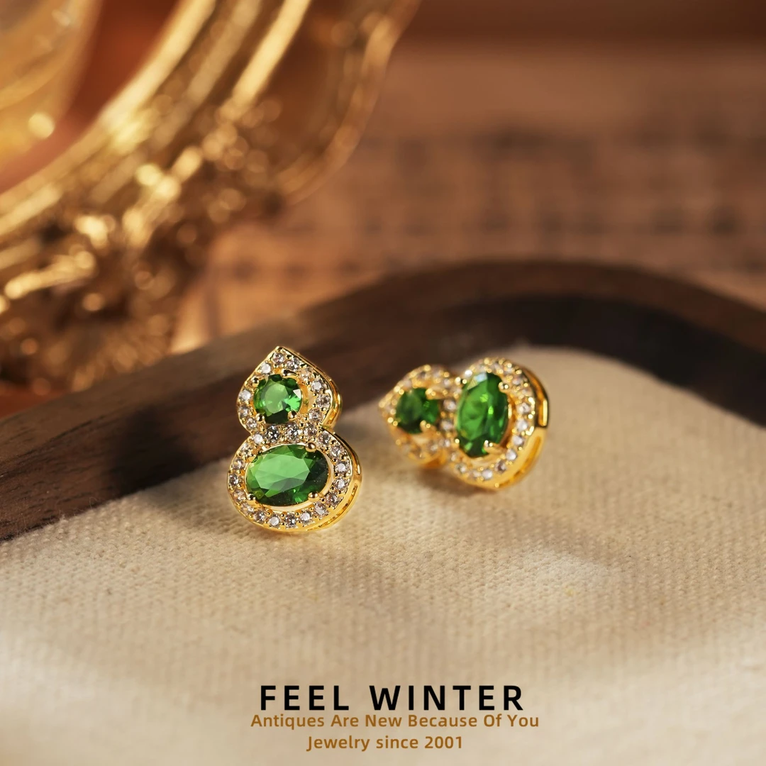 合金合成锆石耳饰 绿色简约葫芦耳钉ZG-01009