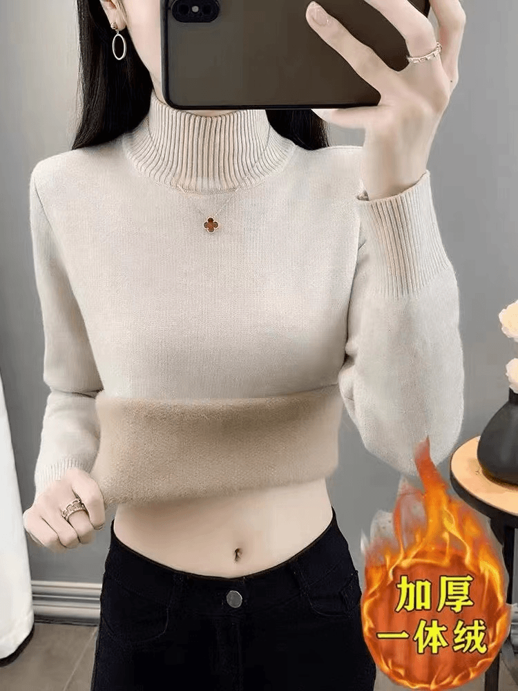 中领长袖针织衫一体绒冬季新款速暖加绒百搭保暖针织毛衣高领毛衣