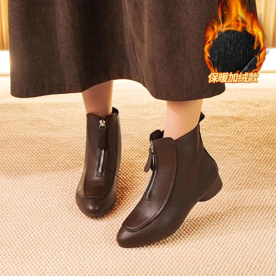 【牛皮】2024新款妈妈鞋软底秋冬新款女靴子短靴中老年皮鞋舒适防滑