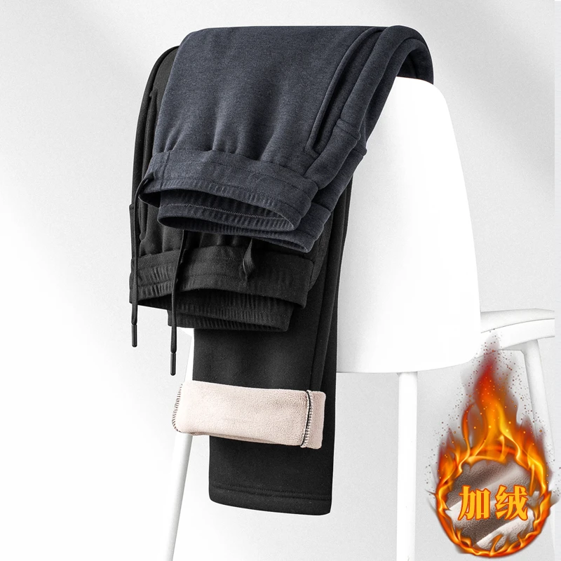 男士秋冬季保暖加绒运动裤爸爸直筒卫裤子中老年宽松弹力松紧高腰