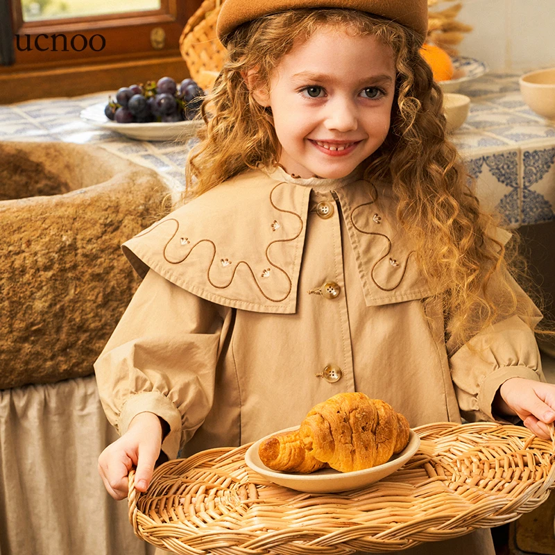 UCNOO与虫法式童装女童风衣春秋翻领公主外套纯棉长款洋气中长款