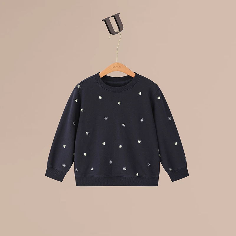 UCNOO与虫四叶草绣花圆领套头卫衣24春男宝女宝休闲宽松微弹上衣