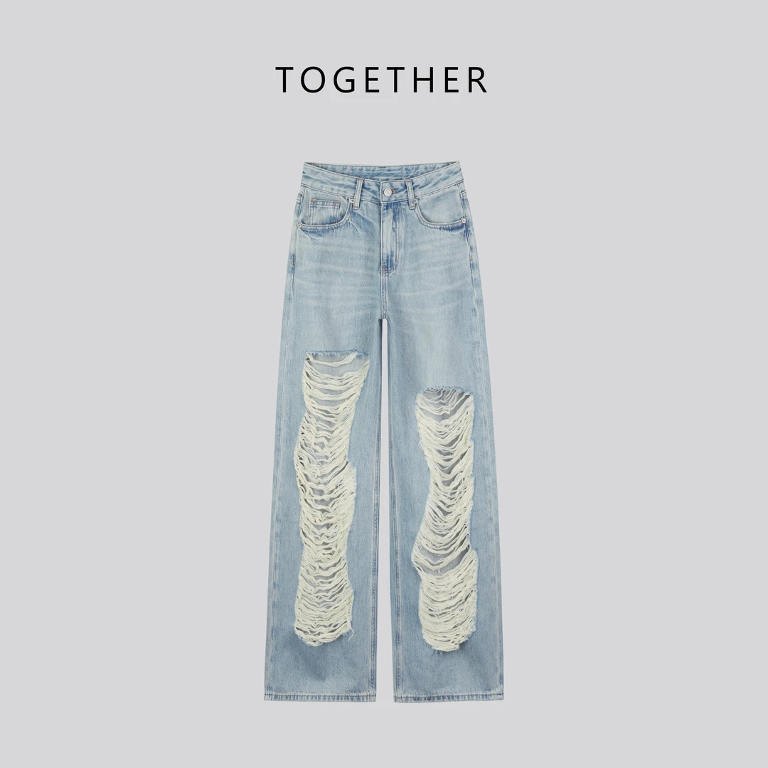 TOGETHER DW STUDIOS【要饭裤】夏季无弹街破洞宽松直筒牛仔裤Q5039